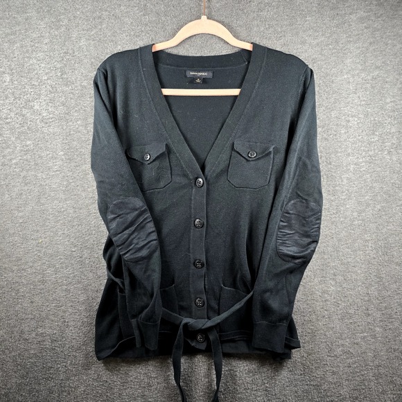 Banana Republic Sweaters - Banana Republic Women M Faux Leather Elbow Black Cardigan‎ With Removable Belt